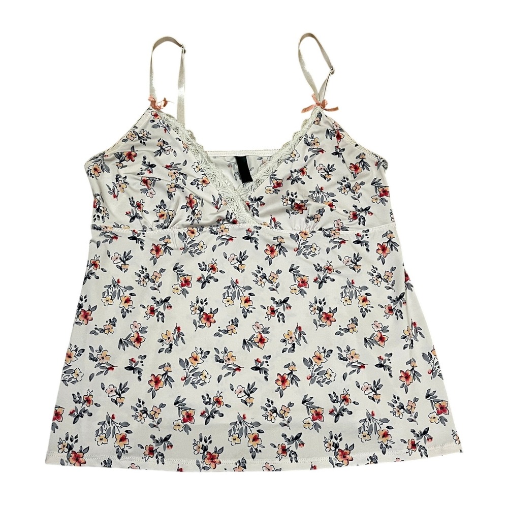 Pink Floral Lace Trim Camisole Top S Adjustable Bow Straps Cottagecore Ditsy